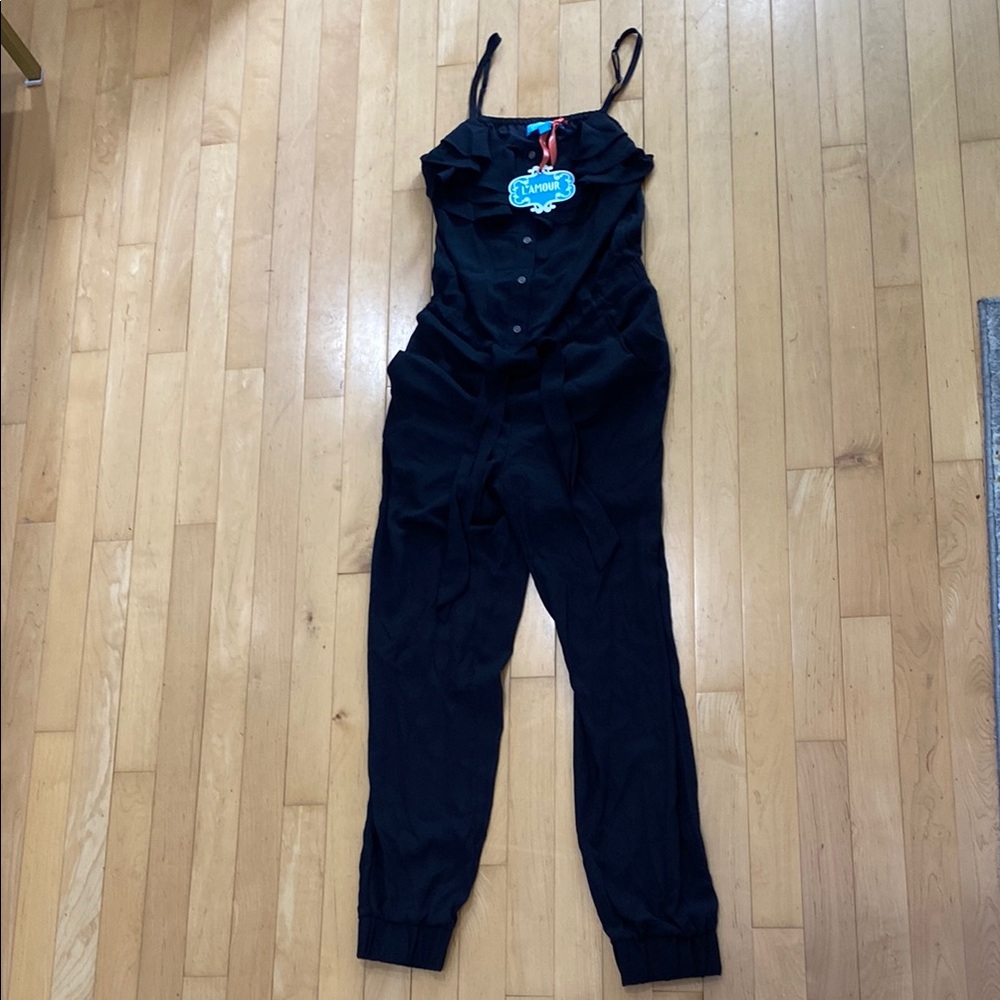 L'Amour Black Ruffled Button-Front Jumpsuit